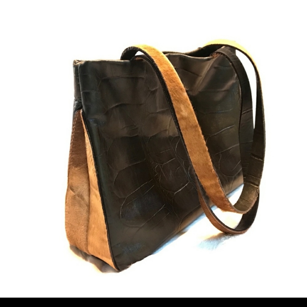 Falor le Borse Croc Embossed Black Bag Pony Hair